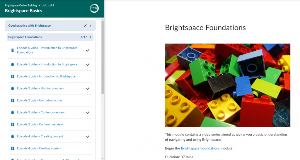 Brightspace Foundations module menu