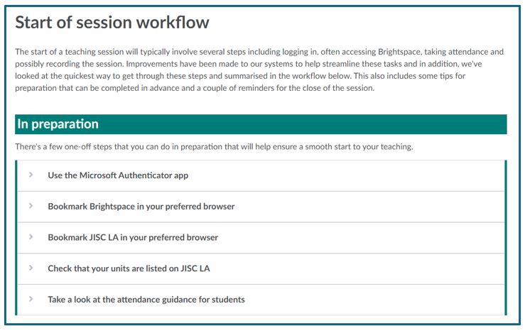 Screenshot of first part of the start of session workflows guidanc