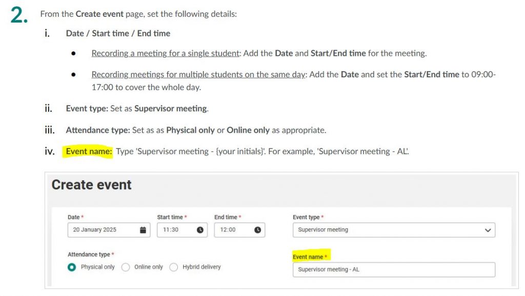Screenshot of supervisor meeting guidance