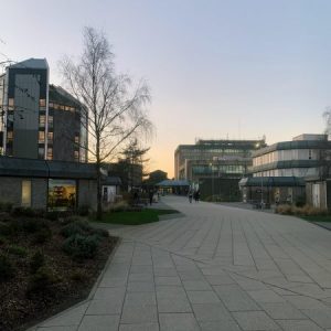 Talbot Campus' main walkway is pictured at dusk.