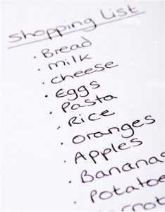 Shopping list listing ingredients