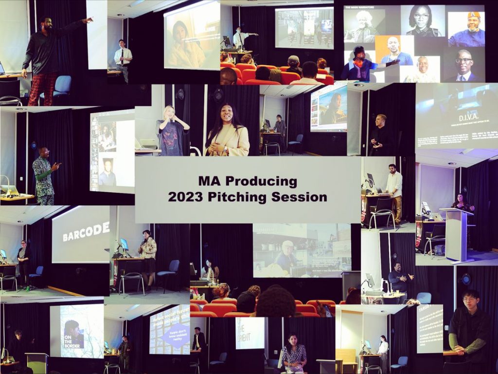 a collage of images showing Master's students pitching their ideas in the screening room.