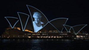 Sydney harbour with the Queen of England projector onto it