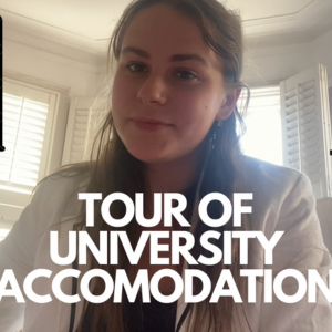 Mia smiling with the words Tips and tricks, Tour of university accommodation and a map and graduation hat icons