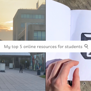 Two images, the left image is of talbot campus and the right image is an open book with a hand turnign the page, and the words MY top 5 online resources for students