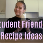 Mia is sat at the kitchen table smiling at the camera with the words Student Friendly Recipe Ideas