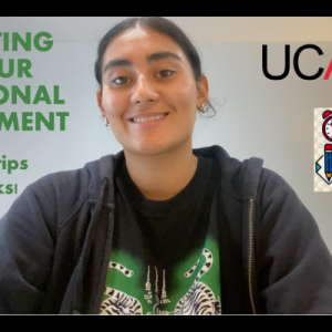 Shreya smiles at the camera in a hoodie with the words Writing your personal statement advice, tips and tricks! the UCAS logo and a graphic with a clock and a pencil