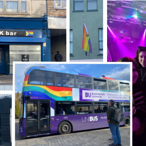 Collage of photos of DYMK Bar, Pride Bar, Uni-bus with LGBT flag design, women clubbing