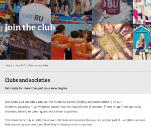 BU clubs and societies website page screenshot