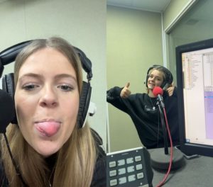 Two photos, on the left a girl is wearing headphones sticking her tongue out and on the right another girl is wearing headphones sticking both thumbs up