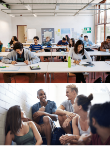 Two images, the first students in a classroom and the other students hanging out together