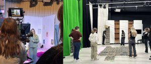 Collage of two photos. Photo one shows a student pointing a studio camera at a presenter in a studio set. Photo two shows seven TV students constructing a castle set within the tv studio.