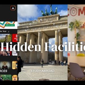 Collage of: Brandenburg gate, BU community kitchen, Kanopy streaming service. Text overlaid that reads: Hidden Facilities